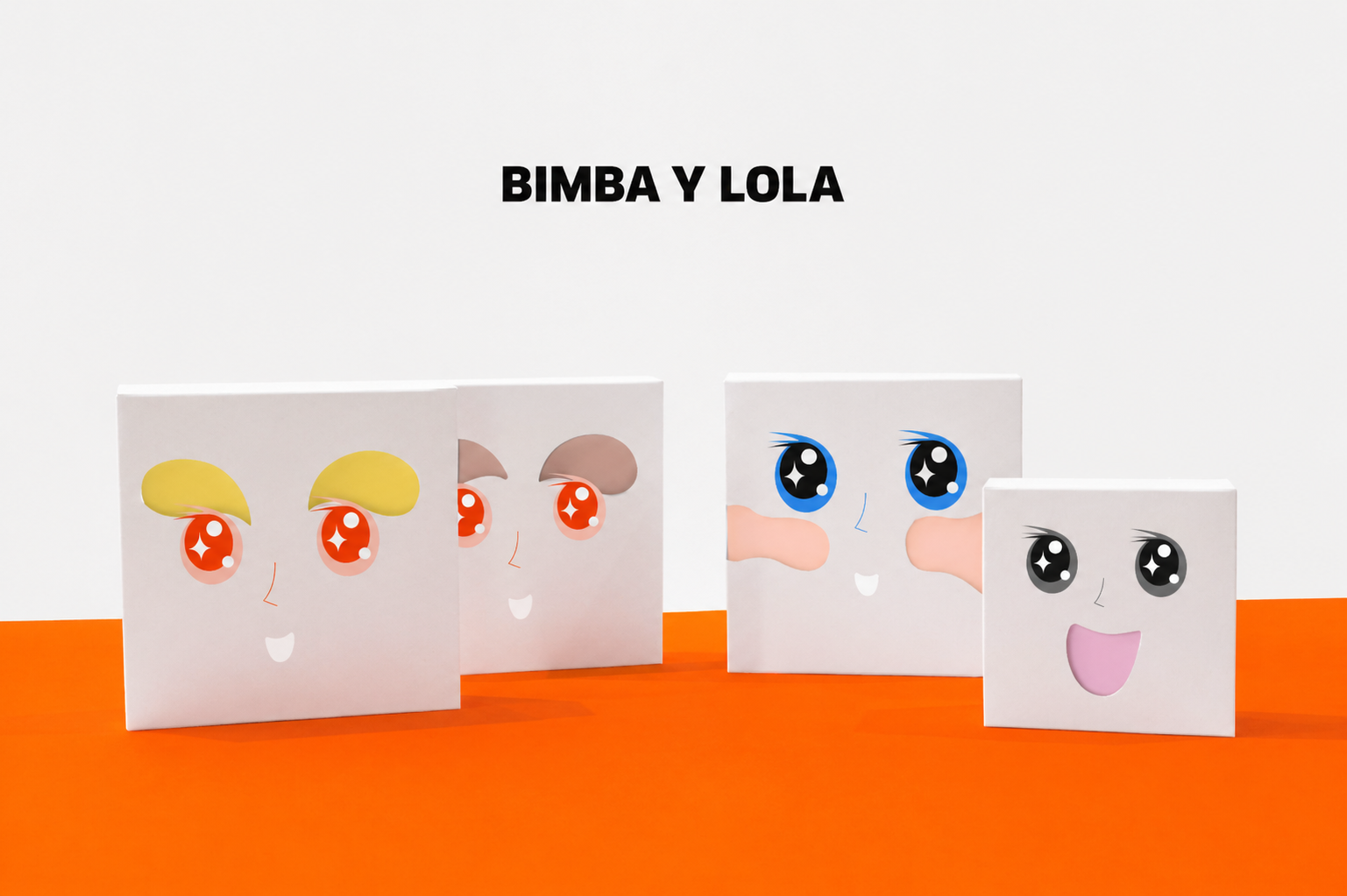 Concept design for Bimba y Lola cosmetics featuring four colorful makeup boxes with die-cut cartoon faces revealing product colors.